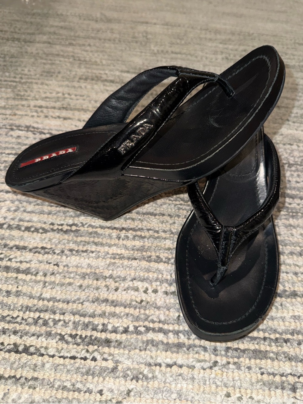 Vintage Prada Black Leather Patent Wedge Thong Sandal EU37